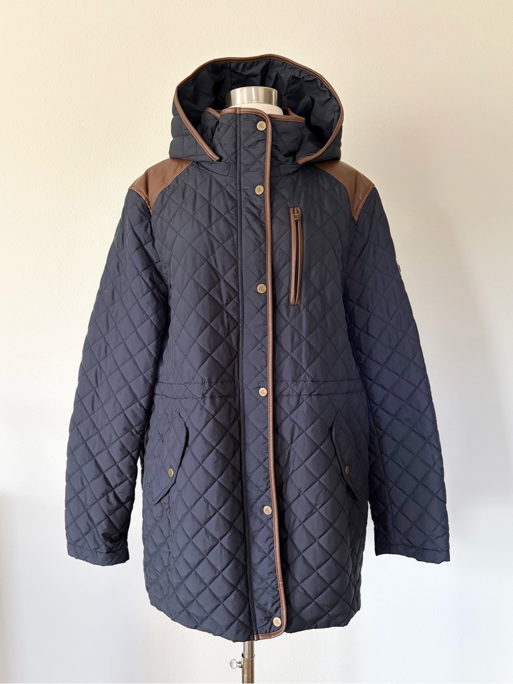 Lauren Ralph Lauren Quilted Anorak Puffer Jacket Faux Leather Trim Navy Blue XXL